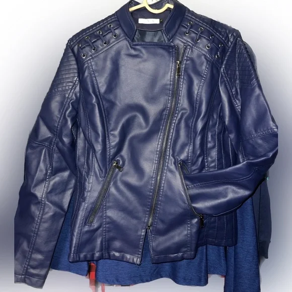 NIB Dark Blue Laced-Shoulder Moto Jacket, Size L - Picture 2 of 5